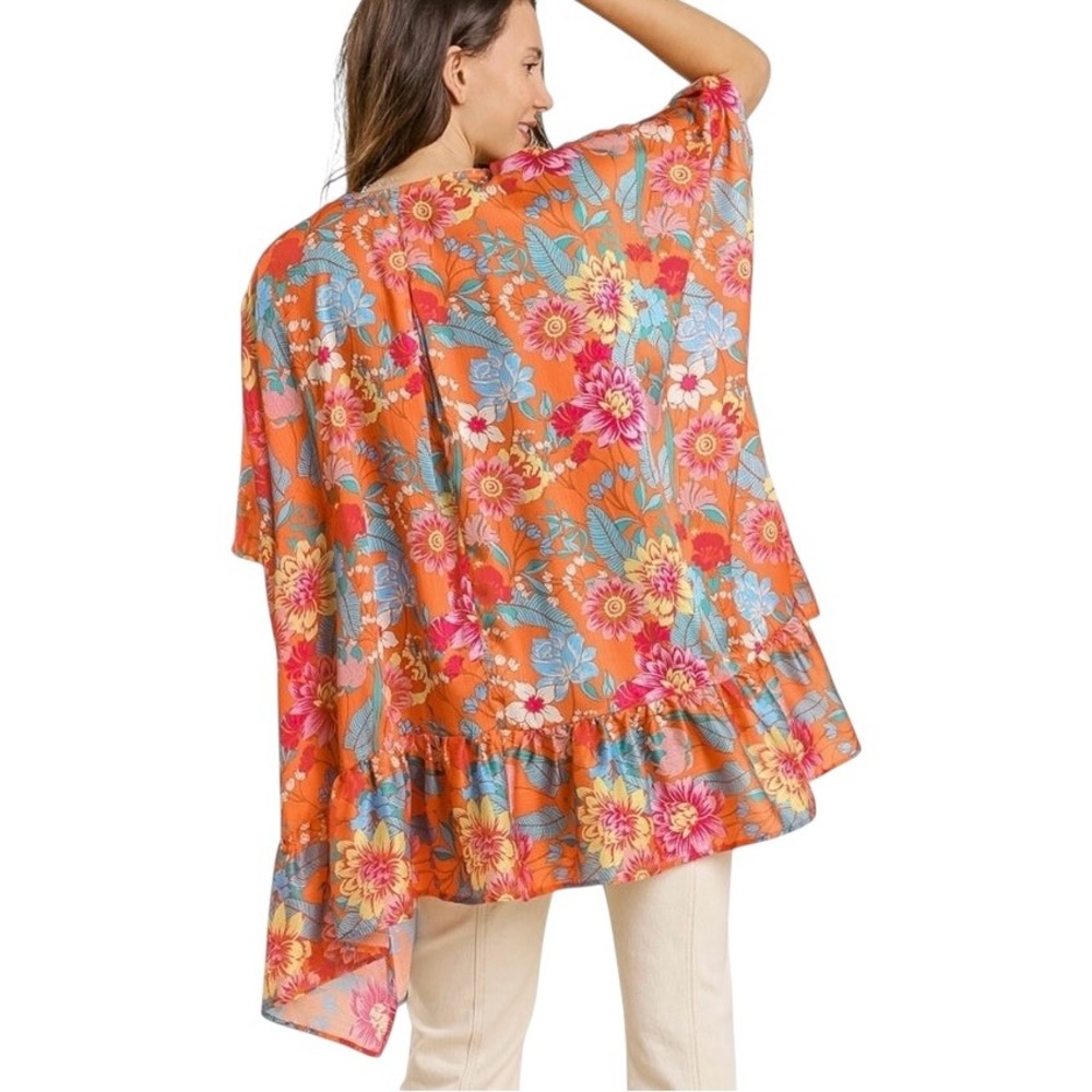 TANGERINE TROPIC BLOOM RUFFLE SLEEVE KIMONO - Picture 4 of 9